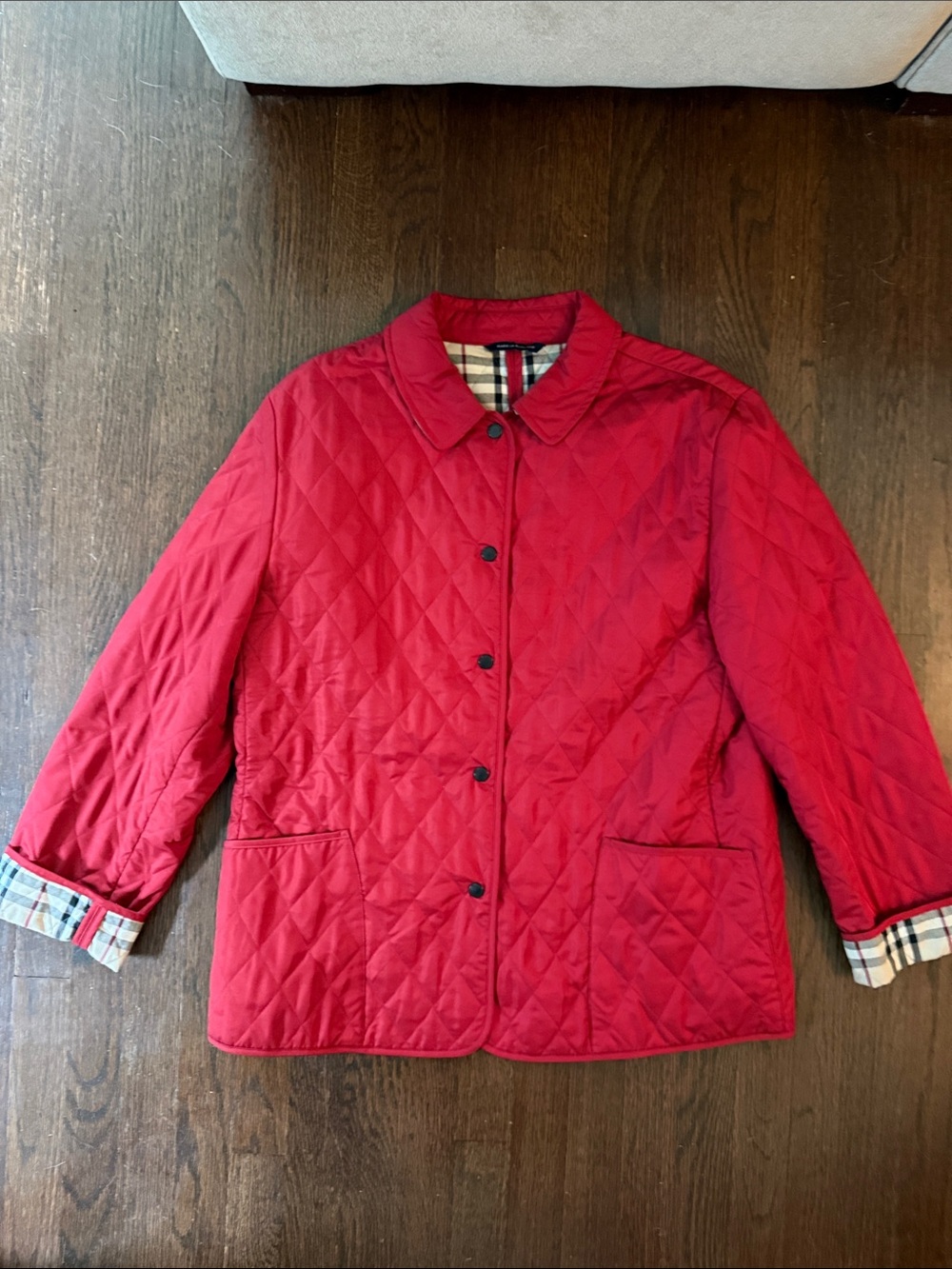 Burberry Red Quilted Pea Coat with Plaid Trim